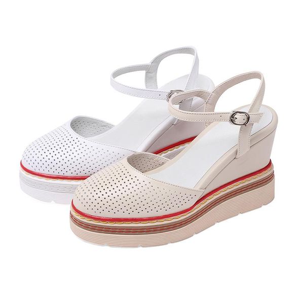 

dress shoes txcnmb 2021 woman summer women sandals wedge high heels open toe cow genuine leather casual elegant arrival, Black