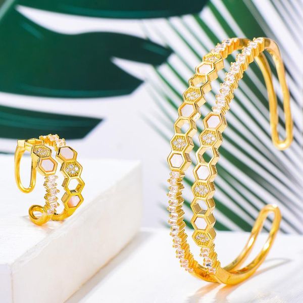 

earrings & necklace godki hiphop shell bee nest 2 rows bangle ring set jewelry for women wedding party cubic zircon aretes de mujer modernos, Silver