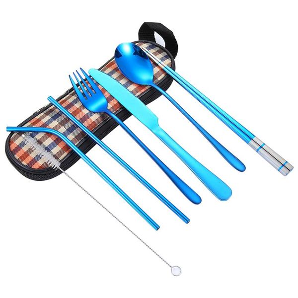 

metal reusable camping cutlery set stainless portable picnic flatware travel utensils with case kitchen supplies dinnerware sets