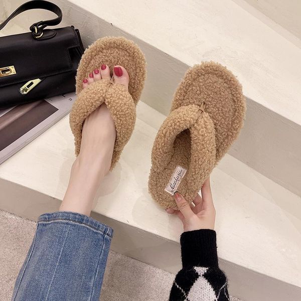 

slippers winter women home furry open toe warm floor shoes plush indoor cotton cozy lining soft lamb wool flip flop, Black