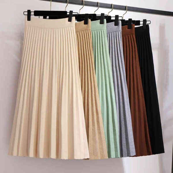 

skirts autumn winter a-line pleated long knitted elegant candy color below knee knit green coffee ivory w8l3, Black
