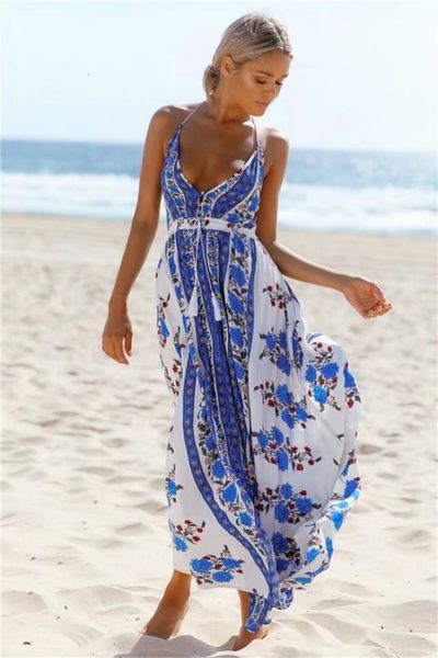 

blue red summer women dresses deep v neck beach flower print long elastic waist backless dress wrapped chest, Black;gray