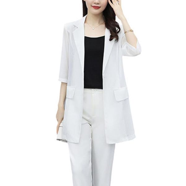 

women's suits & blazers plus size 5xl suit summer 2021 net red temperament fat mm cover meat loose solid color chiffon sunscreen shirt, White;black