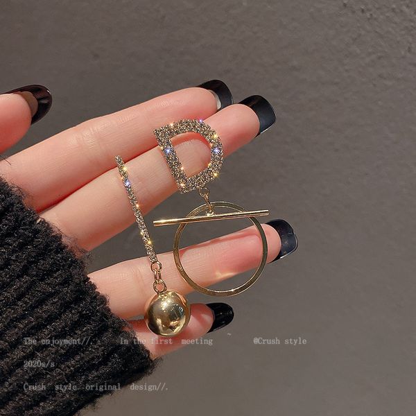 

925 silver needle fashion asymmetric round bead letter d diamond earrings fashion personalized earrings net red earrings female