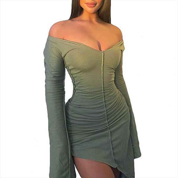 

spring autumn low cut womens dresses big round neck irregular slim solid colo polyester  green streetwear, Black;gray