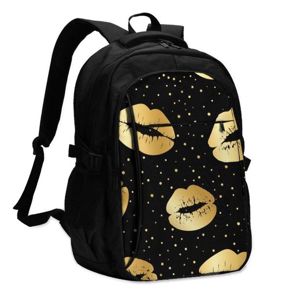 

backpack usb charge women gold glamorous lips student letters print school bag teenager girls