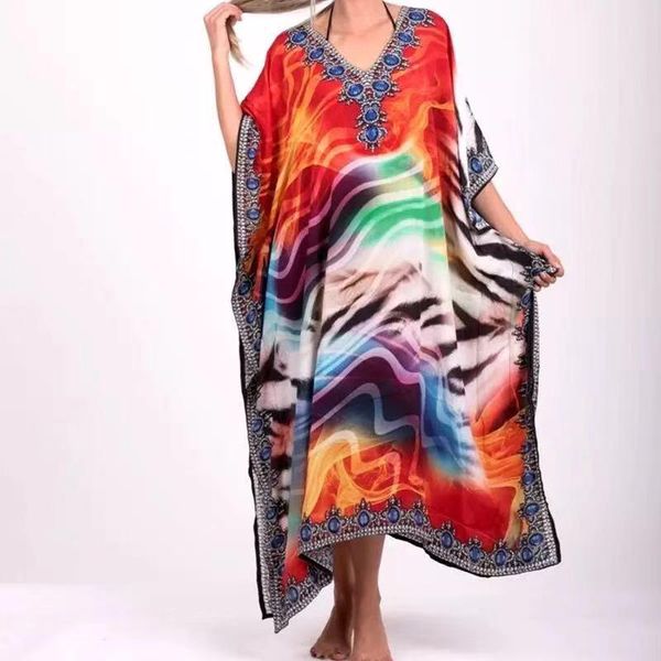 

plus size bohemian maxi dress print cotton beach tunic 2021 robe de plage sarong v-neck loose batwing sleeve summer womens women's swim, White;black