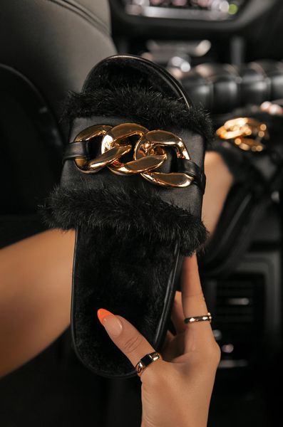 

fluffy women home fur slippers winter warm furry lining cozy platform flat chain decoration fashion trend slides ladies shoes, Black