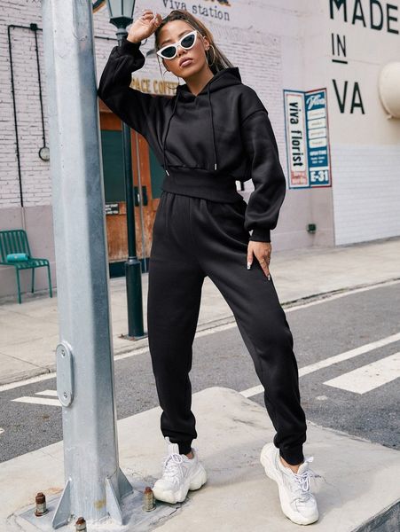 

drop shoulder drawstring thermal hoodie & sweatpants 87jl#, White