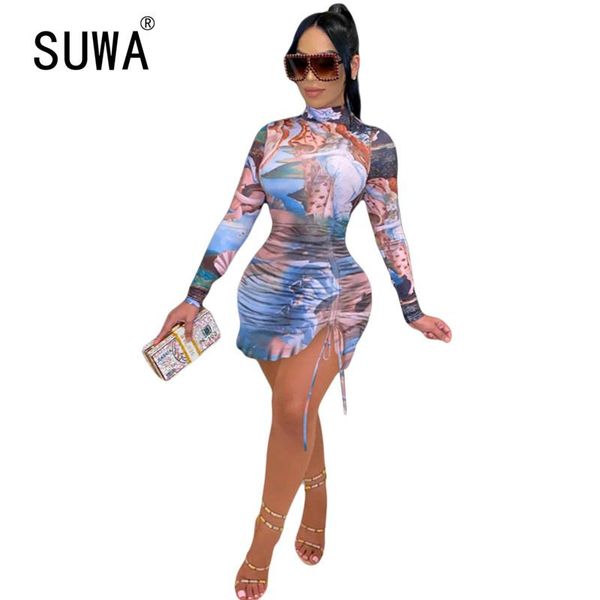 

casual dresses 2021 recommend style trendy chic printed stacked lace-up long sleeve bodycon women dress autumn club vestidos, Black;gray