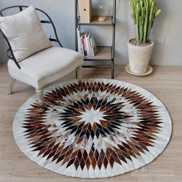 

carpets american style round shaped cowhide skin fur patchwork rug, natural milch cow carpet for living room decorative mat