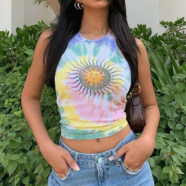 

women's tanks & camis summer women midriff-baring camisole, creative mixed color sun printing round collar sleeveless slim base sh, White