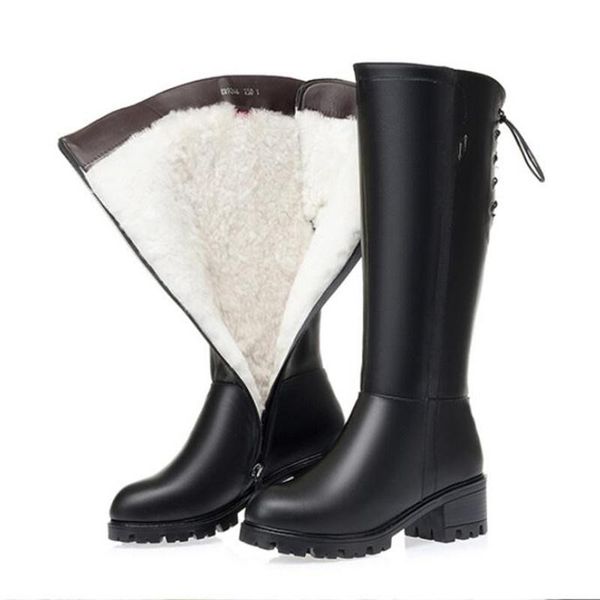 

boots wool warm snow female genuine leather riding cowhide high knee-high women's plus size cotton shoes 35-43, Black