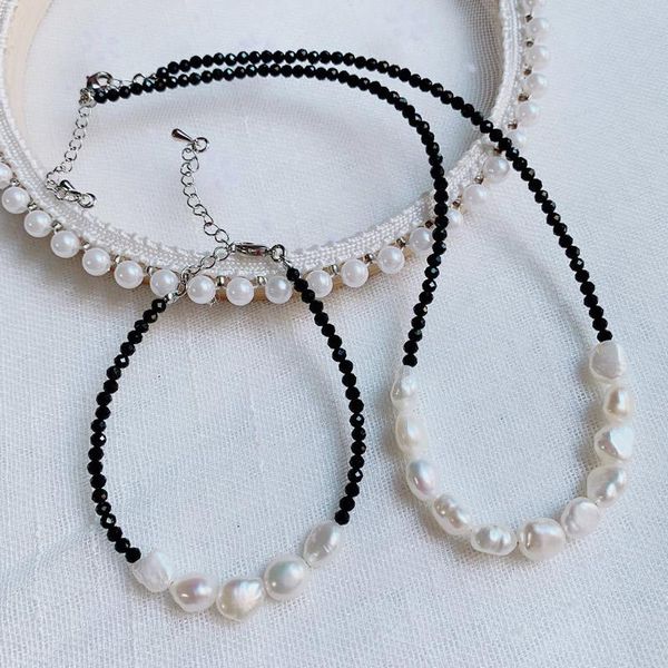 

chokers black obsidian stone choker necklace for women 2mm small crystal rock pendulum white baroque pearl wedding femme collier, Golden;silver