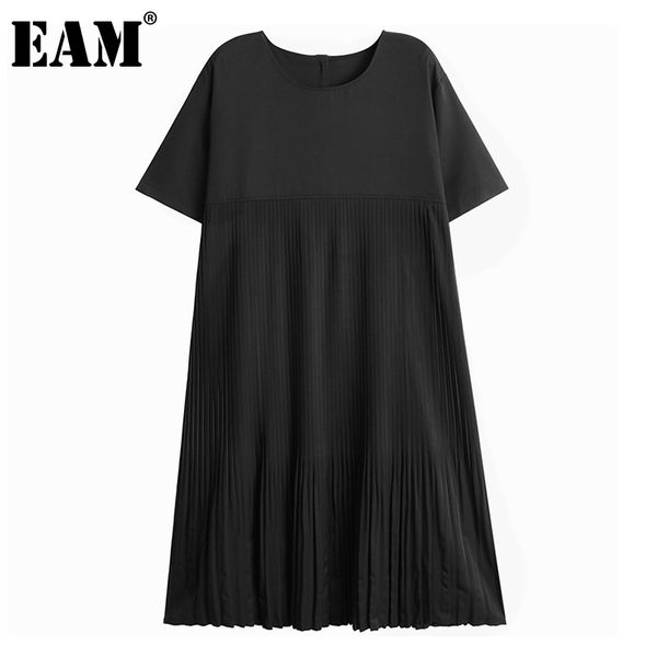 

[eam] women black pleated big size midi dress round neck short sleeve loose fit fashion spring summer 1dd7486 21512, Black;gray