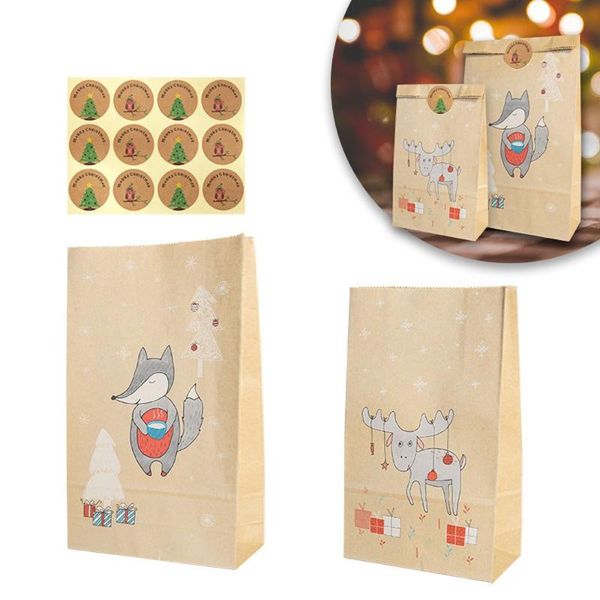

christmas decorations 12pcs party supplies food package wrapping elk foxes candy pouch kraft paper bag xmas stickers packing bags