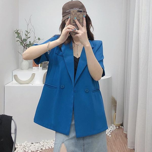 

women's suits & blazers [ewq] korea chic fashion casual simple lapel solid color two buttons loose green short-sleeved suit jacket wome, White;black