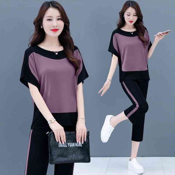 

spring summer sports 2 piece womens tracksuits set short sleeve plus size 4xl 5xl two outfits women clothing green pink, Gray