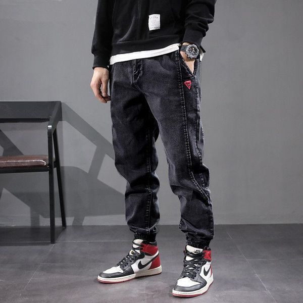 

fashion brand jeans men 's loose elastic casual harlan tappered pants ankle banded men's, Black