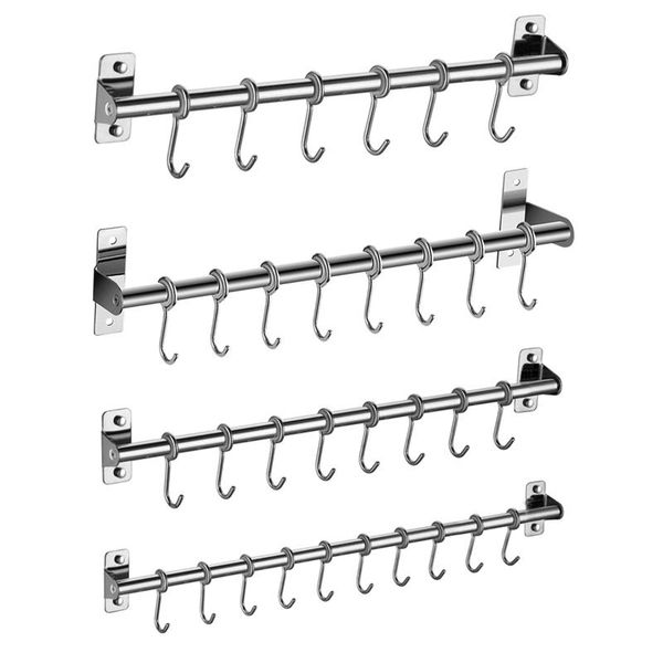

hooks & rails wall mounted utensil rack, stainless steel hanging kitchen rail with 8 removable hooks, hanger organizer for
