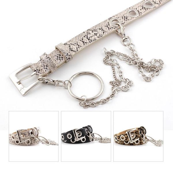 

belts women's rivet metal ring chain belt punk rock leopard print snakeskin thin waistband pin buckle p75, Black;brown