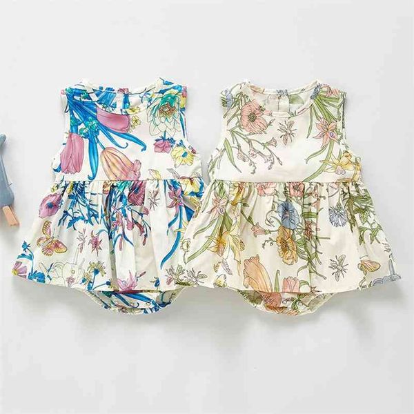 

summer cute baby girl sleeveless printing rompers kids floral born clothes 210521, Blue