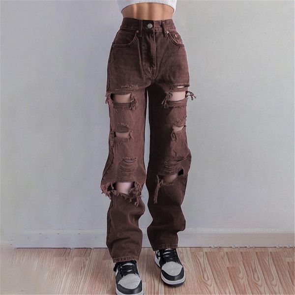 

women's jeans autumn ripped women 2021 trendy wide leg loose straight pants casual hole slim streetwear trousers mujer female, Blue