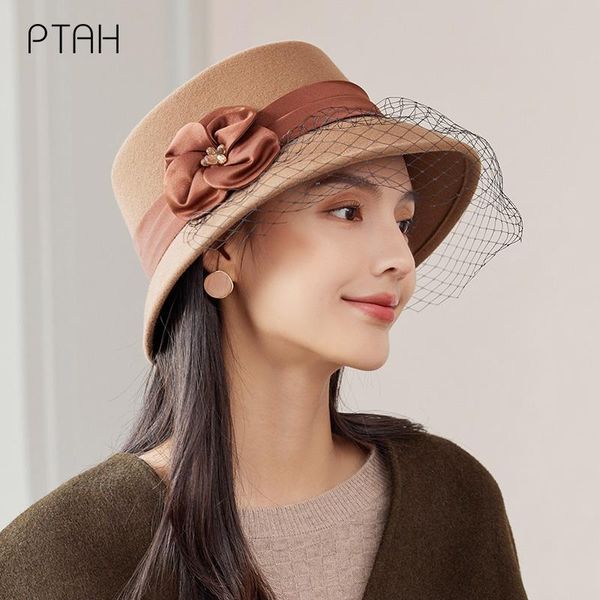 

stingy brim hats [ptah] woolen fedora hat for women temperament elegant autumn winter cap ladies 100% australian wool high quality, Blue;gray