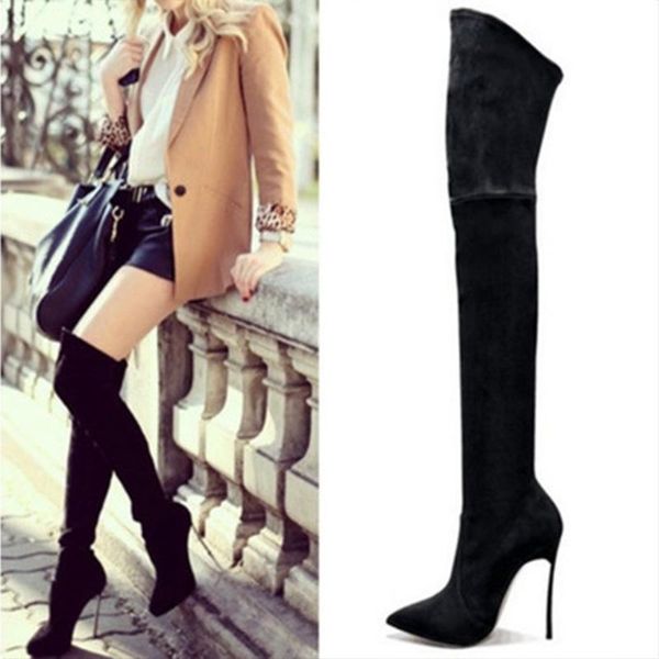 

boots women stretch fabric elastic thin high heels ladies fashion shoes pointed toe over the knee thigh boot zapatos, Black