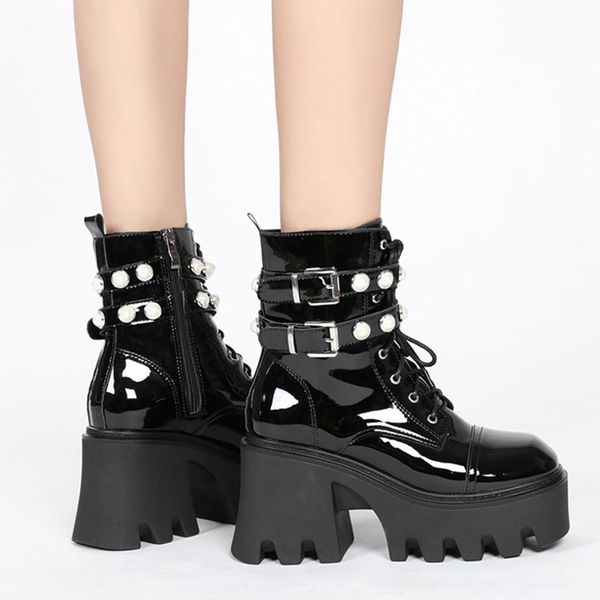 

2022 goth platform chunky zipper round toe motorcycle women boots pearl buckle cool street fashion autumn shoes, Black