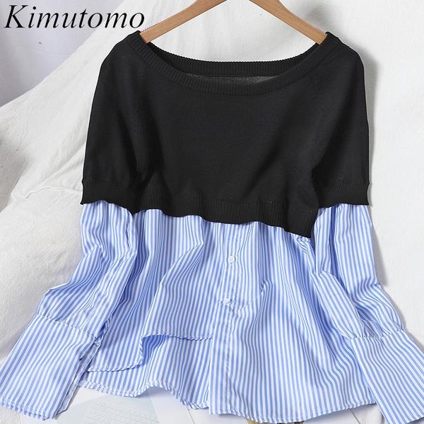 

women's blouses & shirts kimutomo parchwork striped knitted blouse women irregular elegant single breasted ladies o-neck shirt 2021 spr, White