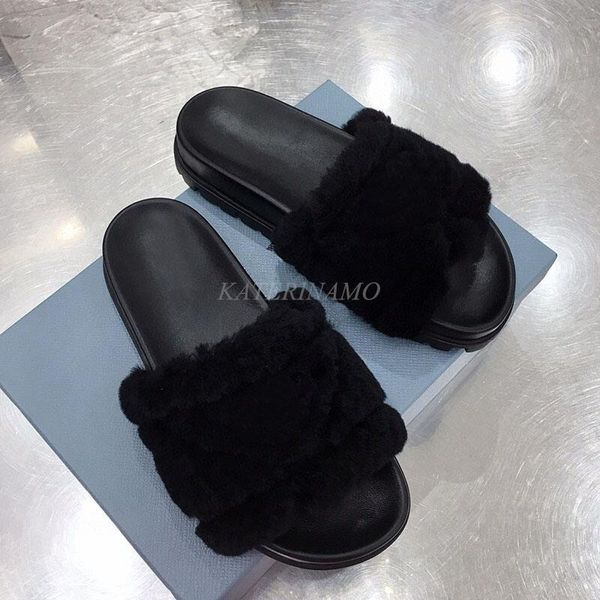 

slippers women wool open toe flat mules casual slides solid color summer soft fur fashion ladies shoes, Black