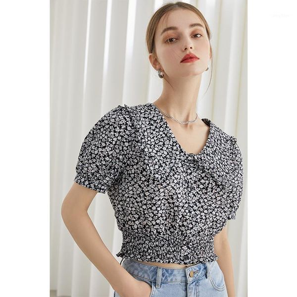 

women's blouses & shirts fansilanen office lady doll collar french floral shirt women 2021 summer short sleeve puff black straight, White