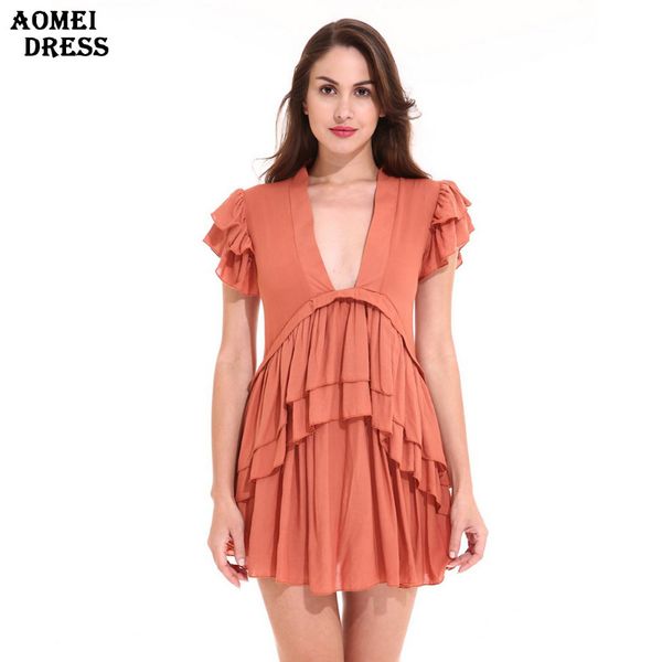 Estate Donna Ruffles Mini abito in lino profondo scollo a V Sexy Mujer Casual S M L XL Party Ladies Orange Robes Abiti Abbigliamento femminile 210416