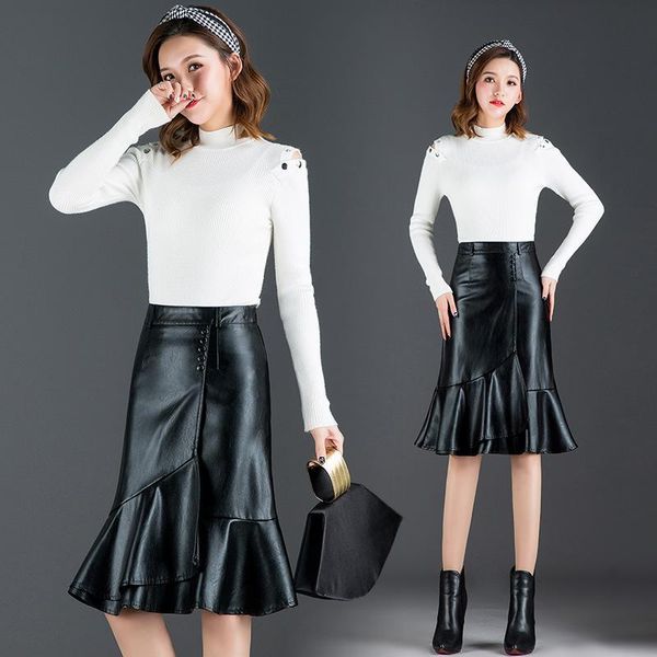 

skirts original design autumn and winter korean mid long fishtail skirt slim pu, Black