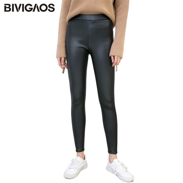 

bivigaos women's autumn winter warm leggings black stretch faux leather velvet pants thick 6xl punk 211204