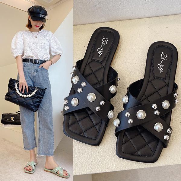 

slippers women summer low square toe flat shoes female string bead luxury slides pantofle designer 2021 beach rubber pu, Black