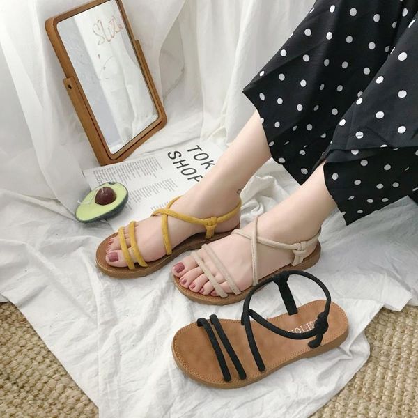 

summer wild flat student simple sandals female fairy wind cross with roman, Black