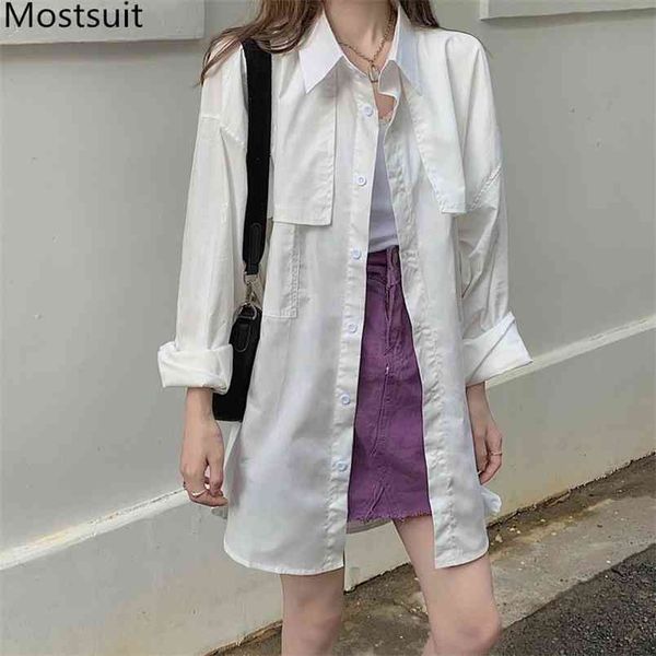 

spring stylish women long shirt full sleeve turn-down collar pockets loose casual fashion female blusas shirts 210513, White
