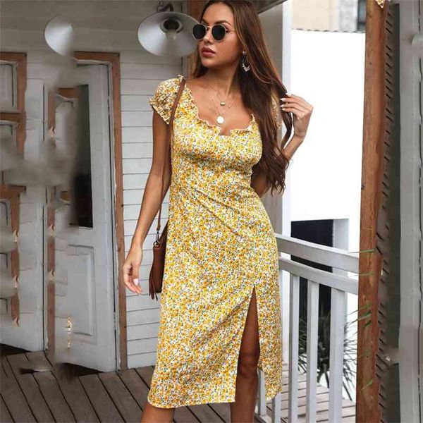 

beach print boho yellow long split dress summer casual floral vestidos puff sleeve a-line maxi es 210508, Black;gray