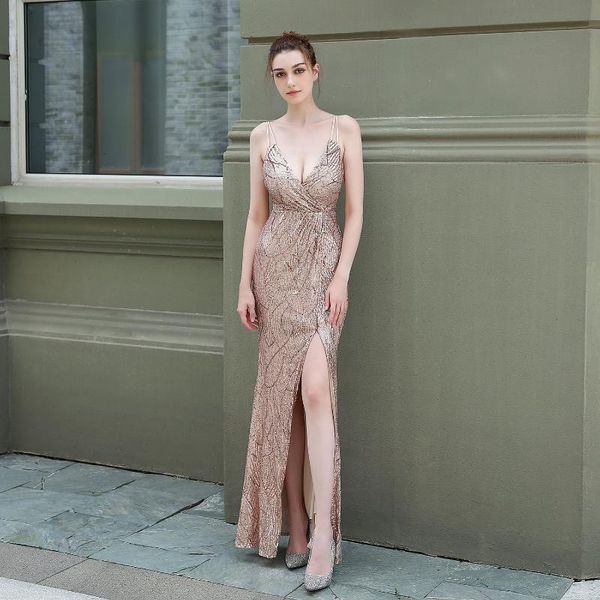 

party dresses black spaghetti strap v neck women dress 2021 luxurious sequined sleeveless mermid with high split vestidos, White;black