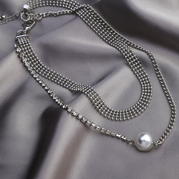 

alloy copper accessories fashion highlight pearl pendant collarbone chain glass diamond multilayer necklace necklaces, Silver