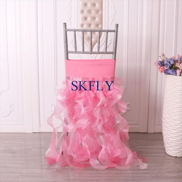 

wedding decoration christmas pink and baby organza flower curly willow frilly chair cover with spandex band sashes