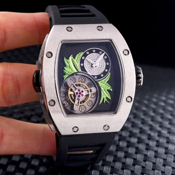 

wristwatches men automatic mechanical skeleton silver white green fleur rubber stainless steel watch tourbillion flower, Slivery;brown