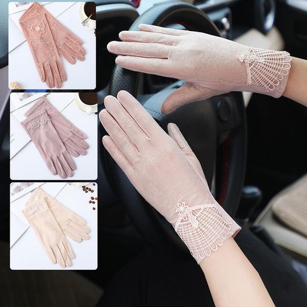 

five fingers gloves women jacquard lace gauze misunscreen stretch driving batcave lolita harajuku uv slip resistant breathable guantes, Blue;gray