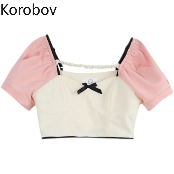 

korobov summer new women t shirts korean streetwear hit color patchwork short sleeve female t shirt bow sweet tee 210430, White