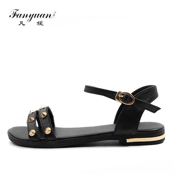 

fanyuan fashion genuine leather buckle strap sandals comfort concise rivet flats summer ankle flat shoes women, Black