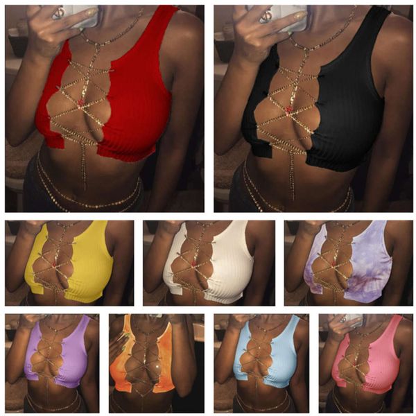 

women designers vest metal chain strap t-shirt fold split fork breast wrapping short sleeve casual shirts solid color 835, White