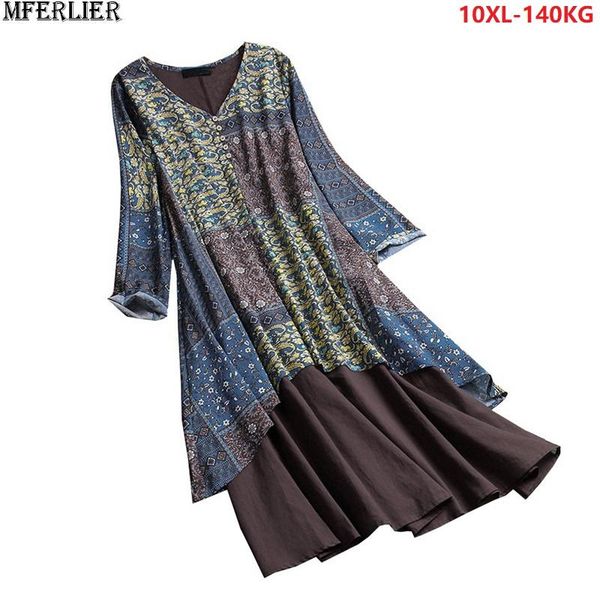 

casual dresses plus size 10xl 138-144cm autumn women patchwork maxi dress long sleeve floral vintage female navy blue loose, Black;gray