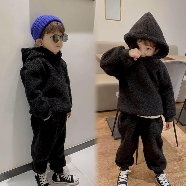 

clothing sets children's suit fashion 2021 spring korean boys' and girls' casual lamb down sweater pants two piece set baby g, White
